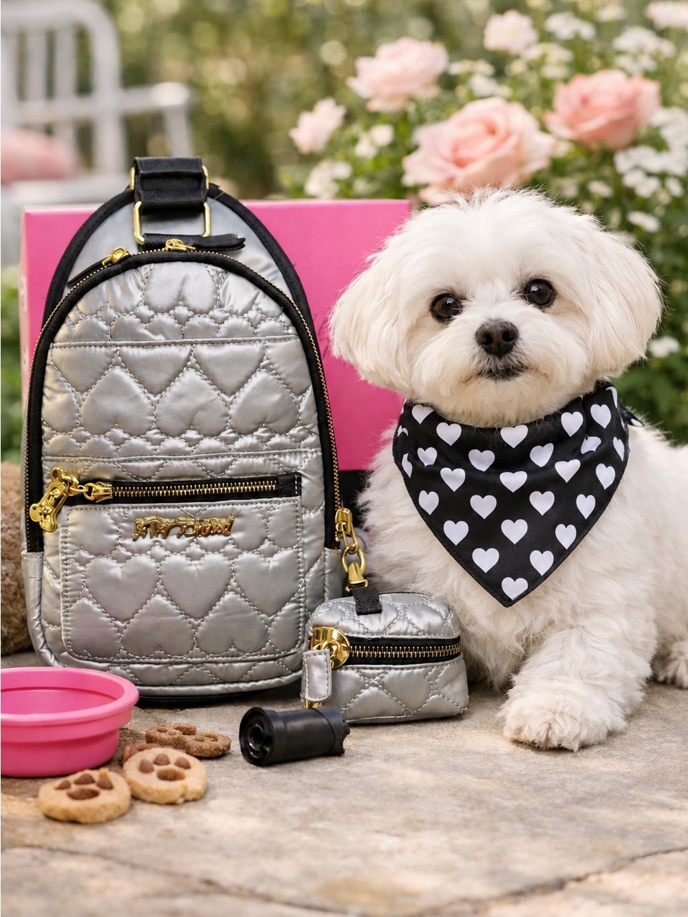 Betsey Johnson Silver Pet Bag Set – Quilted Sling Bag, Bandana, Waste Holder NWT